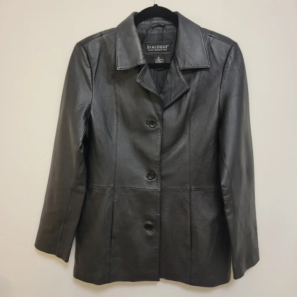 Dialogue Genuine Black Leather Jacket Coat Button Front Pockets Women's Sz Small